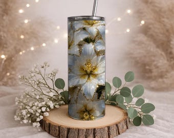 Weiß Glitter Floral Tumbler Wrap - 20 Unze Skinny & Tapered Sublimation PNG (Digitaler Download) - Größenverstellbarer Wrap