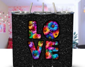 20-oz-Becherhülle mit Blumenmuster „LOVE“ | Glitzernder Sublimationsdruck (PNG-Download)