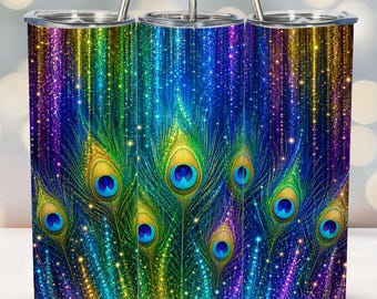 Glitzernde Becherhüllen mit Pfauenfeder-Motiv | 20 oz (schmal & konisch) PNG PDF | Schimmernder digitaler Download