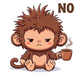 Op de afbeelding: Een cartoonillustratie van een bruine aap met warrig haar en een norse gezichtsuitdrukking. De aap zit en houdt een bruine mok met dampende hete koffie vast. Het woord NO staat in grote bruine letters in de rechterbovenhoek gedrukt.