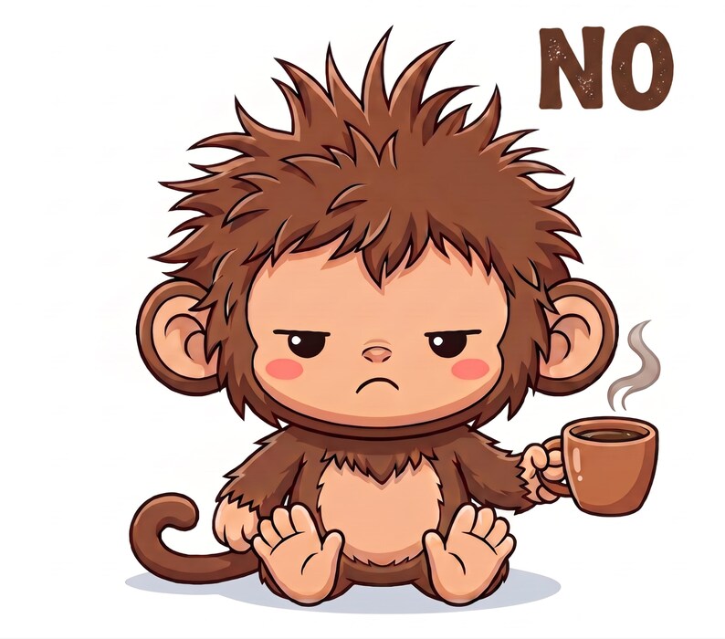 Op de afbeelding: Een cartoonillustratie van een bruine aap met warrig haar en een norse gezichtsuitdrukking. De aap zit en houdt een bruine mok met dampende hete koffie vast. Het woord NO staat in grote bruine letters in de rechterbovenhoek gedrukt.