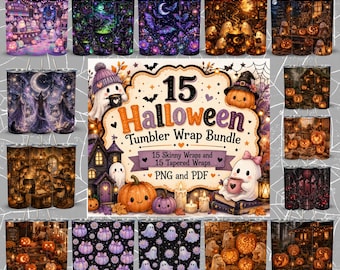 15 Halloween-Becherhüllen im Set | Gemütliche Geister-, Kürbis-, Hexen- und Fledermausmotive | 590 ml, schmal und konisch | PNG- und PDF-Download