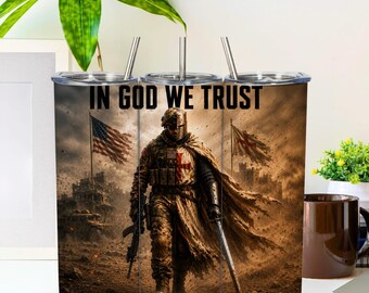 In God We Trust Soldier Knight Tumbler Wrap | Battle Warrior Christian Faith PNG