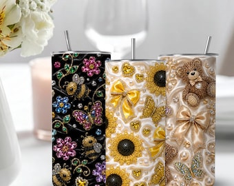 3er-Set Becherhüllen – Sonnenblumen, Bienen & Teddybären | Schlanker PNG-Download