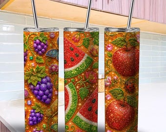 4er-Set Mandala-Fruchtbecher-Hüllen • Wassermelone, Trauben, Brombeeren & Äpfel • 20oz (ca. 590 ml) schmaler und konischer PNG-Becher