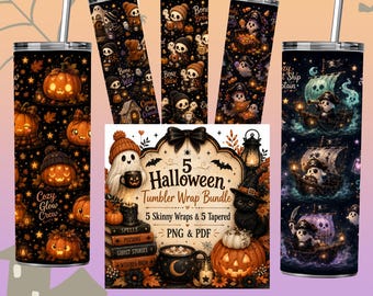 Halloween-Becherhüllen-Set mit Geister-, Kürbis- und Skelettmotiven, 5 digitale Designs, PNG und PDF, schmal und konisch,