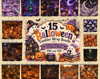 15 Halloween-Becherhüllen im Set | Schmale und konische Designs | Gemütliche Kürbisse, Mystische Mondfledermäuse, Hexenhüllen | 20oz Sublimation PNG und PDF