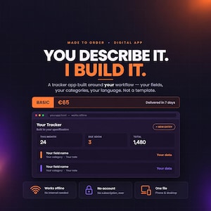 以下が含まれることがあります： デジタルアプリサービスの広告で、YOU DESCRIBE IT. I BUILD IT.というテキストが表示されています。トラッカーアプリのインターフェースには、This Month、Due Soon、Totalのフィールドがあります。機能には、Works offline、No account、One file（電話およびデスクトップ用）が含まれます。