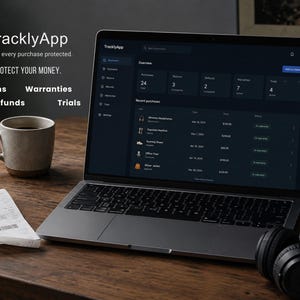 May include: A laptop displaying the TracklyApp dashboard with purchase tracking features. Text on screen reads TracklyApp, Keep every purchase protected, PROTECT YOUR MONEY, Returns, Warranties, Refunds, and Trials. A coffee mug and receipt are nearby.