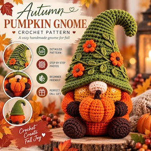 Virkmönster för pumpagnom, amigurumimönster för höstgnom, virkdekorationer för höst, virkmönster för pumpa, tomte för tacksägelse i PDF-format