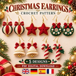 以下が含まれることがあります： かぎ針編みのクリスマスイヤリング5種類のデジタルPDFパターン。オーナメント、星、リース、ベル、キャンディケインのデザイン。テキストは「CHRISTMAS EARRINGS CROCHET PATTERN」および「5 DESIGNS PDF DIGITAL DOWNLOAD」と記載され、国旗アイコンが表示されています。