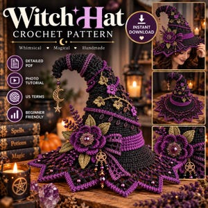 Modèle PDF de chapeau de sorcière au crochet, décoration gothique d'Halloween au crochet, chapeau de sorcière Moonbloom, modèle de chapeau de sorcière au crochet, chapeau de sorcière fleuri à faire soi-même