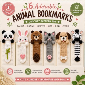 Könnte beinhalten: Eine digitale Häkelanleitung als PDF für sechs Lesezeichen in Tierform, darunter Panda, Hase, Biber, Katze, Hund und Zebra. Das Bild zeigt die fertigen gehäkelten Lesezeichen mit ihren spezifischen Merkmalen sowie begleitenden Text zum Projekt.