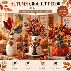 May include: An autumn crochet decor bundle featuring three arrangements: a white vase with five fabric leaves, a white vase with a crochet tree structure, and a pumpkin-shaped vase filled with crochet leaves, berries, and small pumpkins.