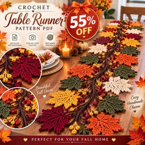 May include: A crochet table runner pattern PDF featuring a decorative arrangement of autumn-coloured leaves in shades of red, orange, yellow, and green, accented with small berries and brown vines, displayed on a wooden table surface.