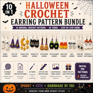 Op de afbeelding: Een digitaal PDF-patroonpakket voor 10 Halloween-haak oorbellen, inclusief ontwerpen zoals mummies, heksenhoeden, manen, katten, bezems, ketels, maïssnoepjes, schedels, spinnenwebben en geesten. Het document bevat stapsgewijze instructies.