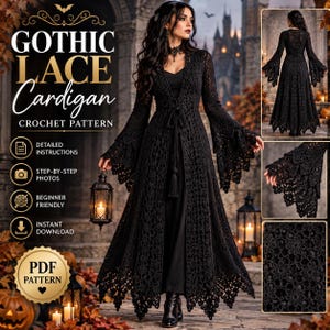 Gothic Lace Cardigan Crochet Pattern PDF, Long Witchy Duster Coat, Bell Sleeve Crochet Jacket, Halloween Costume, Gothic Fashion