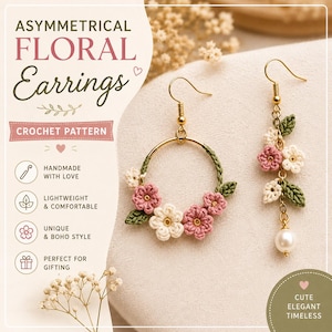 May include: Asymmetrical floral earrings featuring a crochet pattern with pink and white flowers and green leaves. One earring is a circular hoop adorned with flowers, while the other is a vertical drop with a dangling white pearl bead.