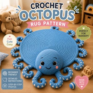 May include: A blue crochet octopus rug pattern featuring a circular body with eight curled tentacles, each adorned with white polka dots. The octopus head has black eyes and pink cheeks. Text includes CROCHET OCTOPUS RUG PATTERN, BEGINNER FRIENDLY, DETAILED INSTRUCTIONS, STEP-BY-STEP PHOTOS, FUN CUTE COZY, PERFECT FOR NURSERY, and MADE WITH LOVE.