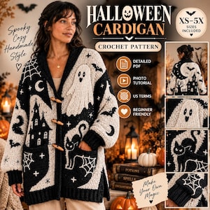 Halloween Cardigan Crochet Pattern PDF, Ghost Sweater, Black Cat Crochet Jacket, Spooky Oversized Cardigan, Witchy Fall Clothing