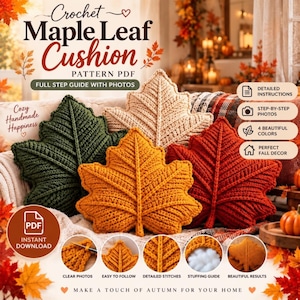 Crochet Maple Leaf Cushion Pattern PDF, Fall Pillow Crochet Pattern, Autumn Home Decor, Leaf Pillow Pattern, 4 Color Crochet Cushion Guide