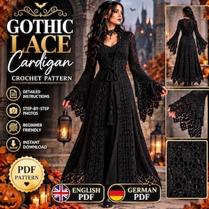 Gothic Lace Cardigan Crochet Pattern PDF, Long Witchy Duster Coat, Bell Sleeve Crochet Jacket, Halloween Costume, Gothic Fashion