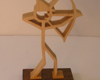 stick figure archer, wood, scroll saw cut.  Bow and arrow figurine, gift for archers, bow and arrow