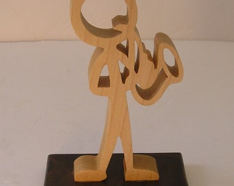 Stick figure saxophone player, Wood figurine, cut with a scroll saw, Musical figurine, saxophone gift