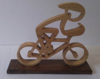 Stick figure bicyclist, wood, scroll saw cut. Bicycle figurine, man on bicycle, bicycle art, gift for bicyclist