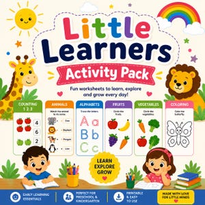 May include: A Little Learners Activity Pack educational worksheet set featuring a giraffe and lion illustration, with sections for counting, animals, alphabets, fruits, vegetables, and coloring, plus text including Learn Explore Grow.