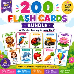 May include: A 200 flash cards bundle featuring colourful illustrations of animals, birds, insects, vehicles, flowers, professions, sea animals, fruits, vegetables, and more. The text includes Learn Play Grow, 200 Cards Multiple Categories, and A World of Learning in Every Card.