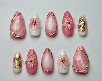 3D Floral Press On Nails: Luxury Handmade Summer Acrylic Set