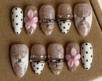White Lace Press On Nails, 3D Gel Floral Design, Gold Chrome Accent Summer