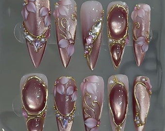 Pink Cat Eye Press On Nails | 3D Floral Gold Chrome Bridal Glam