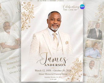 Puede incluir: Una plantilla de programa funerario con el retrato de un hombre con traje color crema y corbata. El texto dice Celebrating the Life of James Anderson, 12 de marzo de 1958 – 10 de octubre de 2026, Grace Memorial Funeral Home, sábado 24 de octubre de 2026, 11:00.