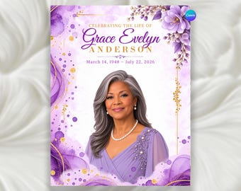 Puede incluir: Una plantilla de programa funerario con el retrato de una persona de cabello gris que viste un vestido lavanda y un collar de perlas. El diseño incluye salpicaduras de acuarela púrpura, detalles dorados y el texto CELEBRATING THE LIFE OF Grace Evelyn ANDERSON March 14, 1948 – July 22, 2026.