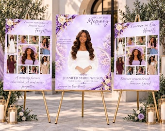 Puede incluir: Tres carteles conmemorativos verticales sobre caballetes dorados con fondos florales morados. El cartel central muestra un gran retrato de Jennifer Marie Wilson, fechas y texto. Los carteles laterales presentan collages de fotos y frases.