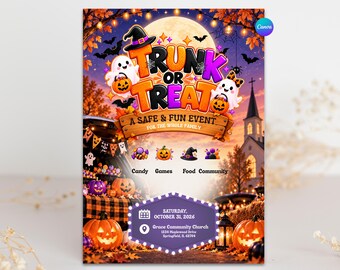 Puede incluir: Un folleto de evento de Halloween titulado Trunk or Treat con una luna llena, fantasmas, calabazas y una iglesia. El texto incluye A SAFE & FUN EVENT, Candy, Games, Food, Community, Saturday, October 31, 2026, y Grace Community Church.
