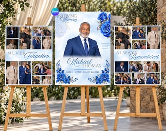 Puede incluir: Tres carteles conmemorativos funerarios sobre caballetes de madera con un retrato central de un hombre con traje azul, rosas azules y el texto In Loving Memory, Michael Thomas, March 14, 1958 - August 22, 2026, Never Forgotten y Always Remembered.
