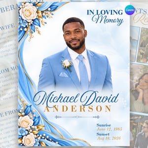 Könnte beinhalten: Eine Trauerprogramm-Vorlage mit dem Porträt einer Person im hellblauen Anzug, verziert mit blauen und weißen Rosen, goldenen Akzenten und Perlen. Der Text lautet In Loving Memory, Michael David Anderson, Sunrise June 12, 1985, Sunset Aug 18, 2026.