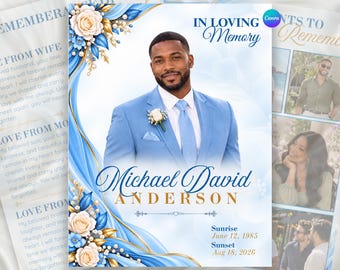 Puede incluir: Una plantilla de programa funerario con el retrato de una persona en traje azul claro, decorada con rosas azules y blancas, detalles dorados y perlas. El texto dice In Loving Memory, Michael David Anderson, Sunrise June 12, 1985, Sunset Aug 18, 2026.