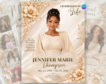 Puede incluir: Una plantilla de programa funerario con el retrato de una persona en un vestido crema, adornado con gráficos florales dorados y perlas. El texto incluye CELEBRATION OF LIFE, JENNIFER MARIE THOMPSON, Mar 12, 1958 – Oct 10, 2026, y una cita conmemorativa.