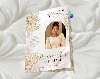 White Gold Funeral Program Template, 4 Page Editable Canva Memorial Booklet, Obituary Template, Celebration of Life Program Memorial Service
