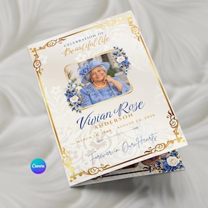 May include: A funeral program template featuring a gold ornate border, blue floral accents, and a central photograph of a person in a blue hat and suit. Text includes Celebration of Beautiful Life, Vivian Rose Anderson, dates, and Forever in Our Hearts.