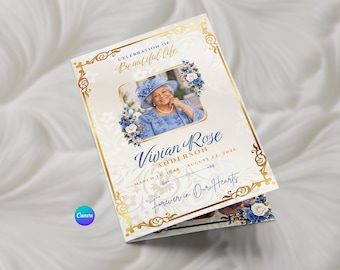 Puede incluir: Una plantilla de programa funerario con un borde dorado ornamentado, detalles florales azules y una foto central de una persona con sombrero y traje azul. El texto incluye Celebration of Beautiful Life, Vivian Rose Anderson y las fechas.