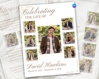 Puede incluir: Una plantilla de programa funerario titulada Celebrating the Life of David Hawkins, con múltiples marcos de fotos de un hombre en exteriores, texto en tono dorado y las fechas 14 de marzo de 1952 – 8 de septiembre de 2026, sobre fondo blanco.