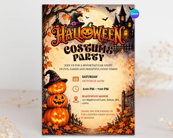 Puede incluir: Un folleto de invitación para una fiesta de disfraces de Halloween con tres calabazas apiladas con un sombrero de bruja, una casa encantada, murciélagos y hojas de otoño. El texto dice: Halloween Costume Party, Saturday October 26th, 5:00 PM - 7:00 PM, Blackwood Manor, 123 Maplewood Lane, Salem, MA 01970.