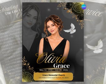 Plantilla de programa funerario en negro y dorado, programa de celebración de vida editable, plantilla de obituario en Canva, folleto conmemorativo, imprimible de 8 páginas.