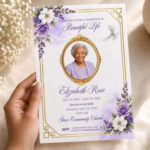 May include: A funeral program card featuring a portrait of an older person in a gold oval frame, decorated with purple and white floral accents, a white dove, and gold geometric borders. The text reads "Beautiful Life," "Elizabeth Rose," and service details.