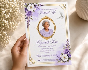 Puede incluir: Una tarjeta de programa funerario con el retrato de una persona mayor en un marco ovalado dorado, decorada con flores moradas y blancas, una paloma blanca y bordes geométricos dorados. El texto dice "Beautiful Life", "Elizabeth Rose" y los detalles del servicio.